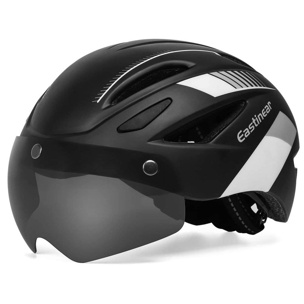 EASTINEAR Adults Bike Helmet Magnetic Goggle Cycling Helmet with USB Rechargeable Taillight for Men Women Mountain & Road Bicycle Helmet Magnetic Shield Size M/L (Black White)