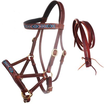 CHALLENGER Horse Western Leather Beaded Bitless Sidepull Bridle Reins 77RS20TN-F