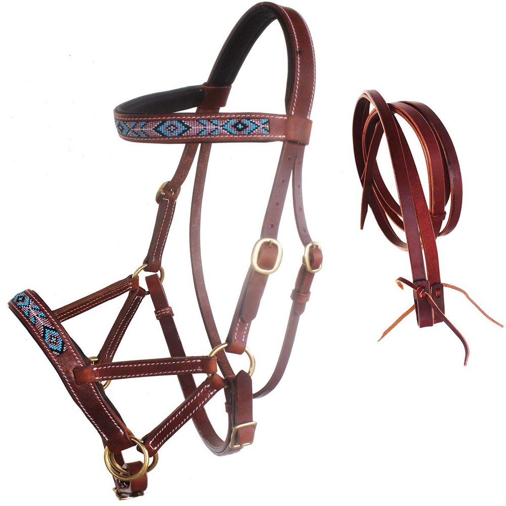 CHALLENGER Horse Western Leather Beaded Bitless Sidepull Bridle Reins 77RS20TN-F