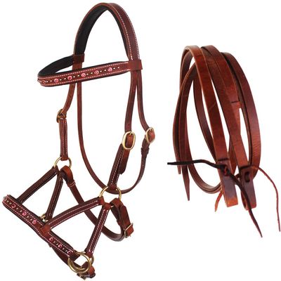 CHALLENGER Horse Western Leather Beaded Bitless Sidepull Bridle Reins 77RS06PK-F