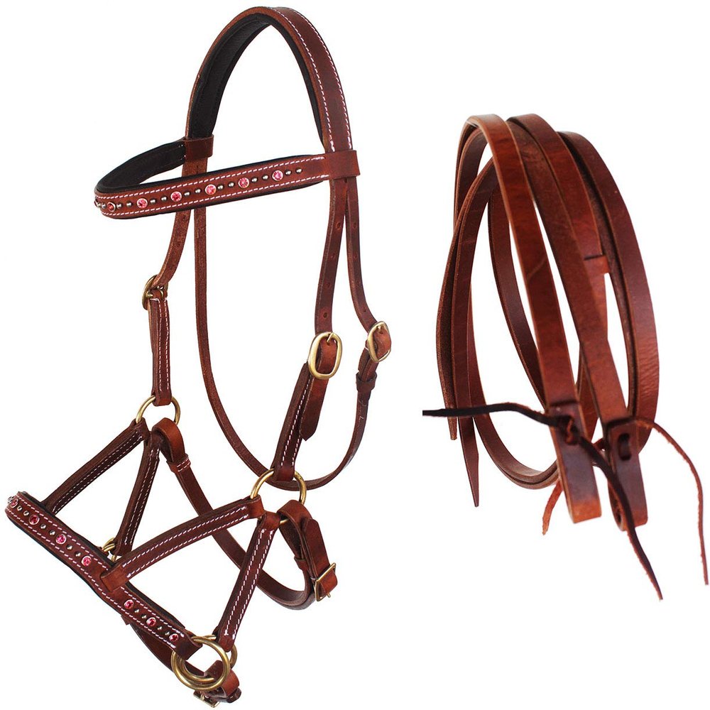 CHALLENGER Horse Western Leather Beaded Bitless Sidepull Bridle Reins 77RS06PK-F