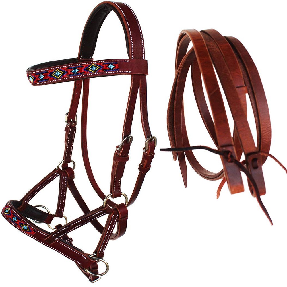 CHALLENGER Horse Western Leather Beaded Bitless Sidepull Bridle Reins 77RS21MG-F