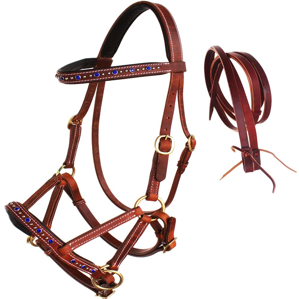 CHALLENGER Horse Western Leather Beaded Bitless Sidepull Bridle Reins 77RS06RB-F