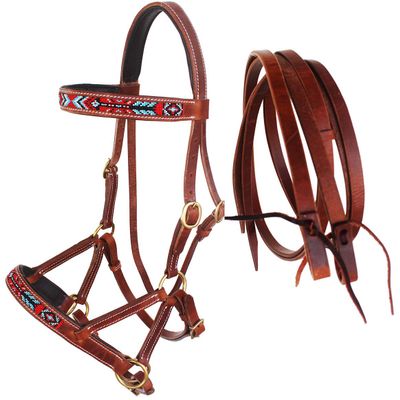 CHALLENGER Horse Western English Leather Beaded Bitless Sidepull Bridle Reins 77RS17TN-F