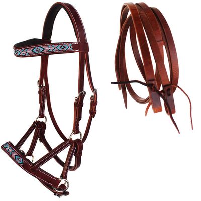 CHALLENGER Horse Western Leather Beaded Bitless Sidepull Bridle Reins 77RS20MG-F