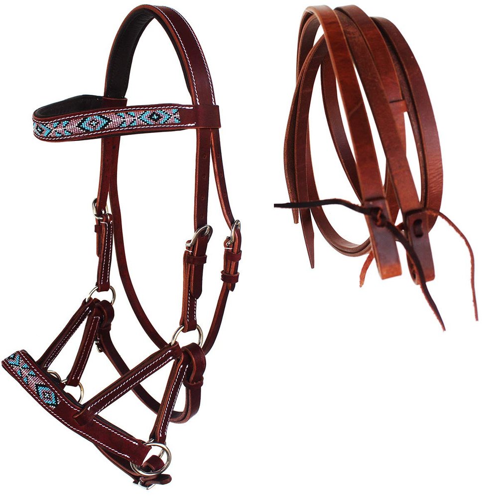 CHALLENGER Horse Western Leather Beaded Bitless Sidepull Bridle Reins 77RS20MG-F