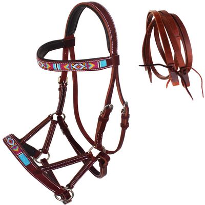 CHALLENGER Horse Western English Leather Beaded Bitless Sidepull Bridle Reins 77RS15MG-F