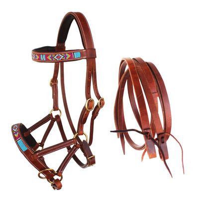 CHALLENGER Horse Western Leather Beaded Bitless Sidepull Bridle Reins 77RS15TN-F