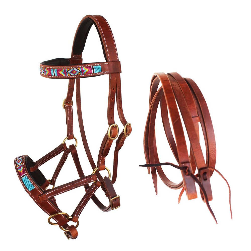 CHALLENGER Horse Western Leather Beaded Bitless Sidepull Bridle Reins 77RS15TN-F