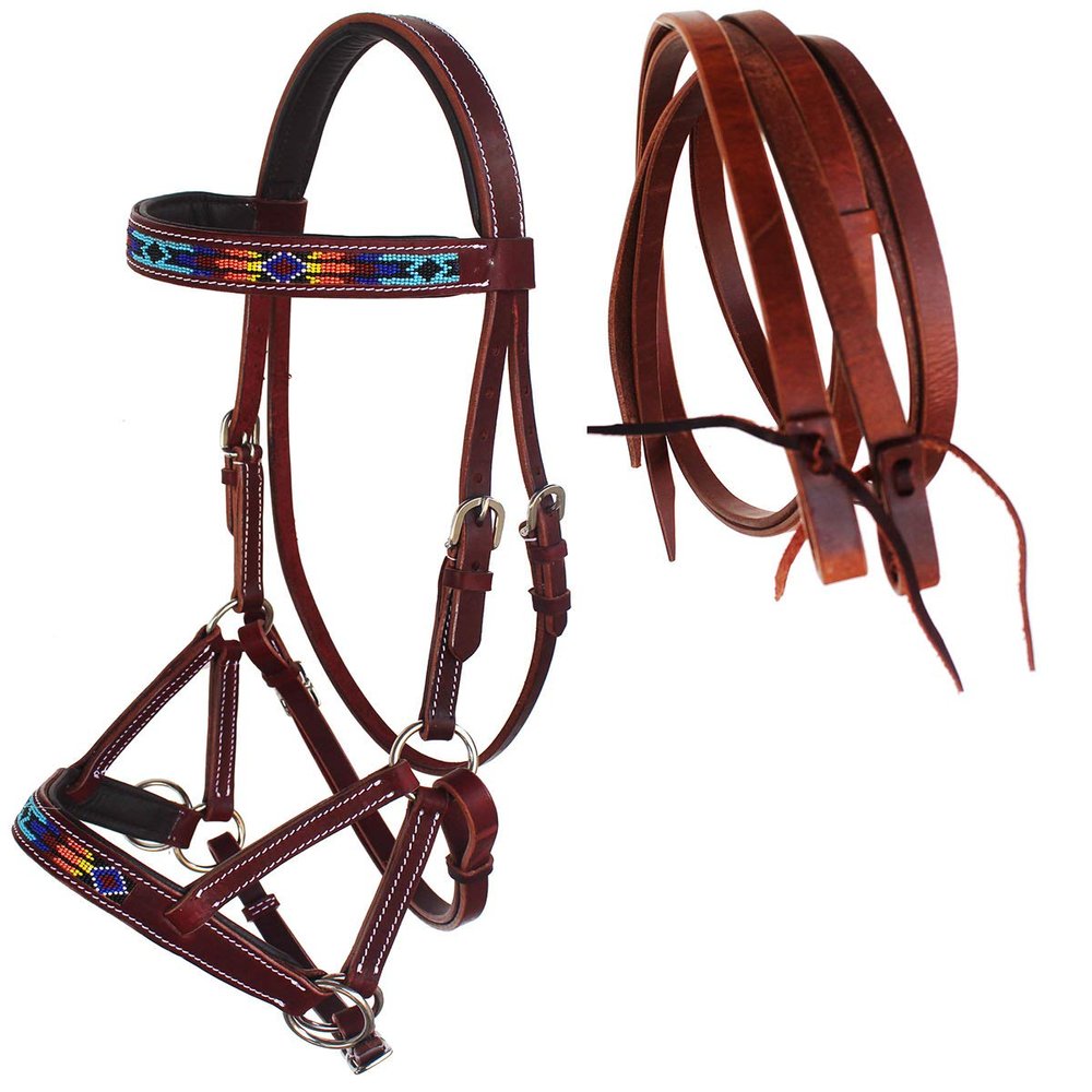 CHALLENGER Horse Western Leather Beaded Bitless Sidepull Bridle Reins 77RS16MG-F