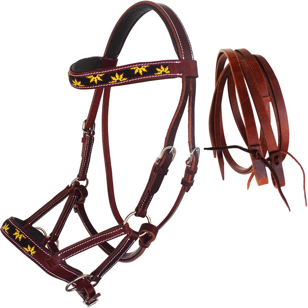 CHALLENGER Horse Western Leather Beaded Bitless Sidepull Bridle Reins Sun Flower 77RS24MG-F