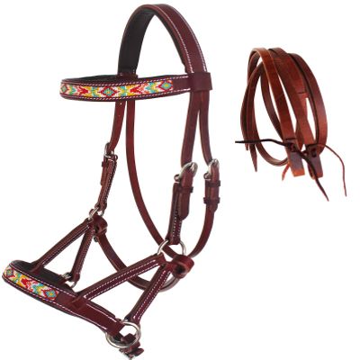 CHALLENGER Horse Western Leather Beaded Bitless Sidepull Bridle Reins 77RS23MG-F
