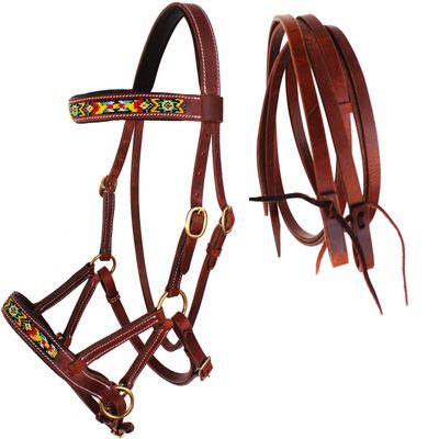 CHALLENGER Horse Western Leather Beaded Bitless Sidepull Bridle Reins 77RS19TN-F