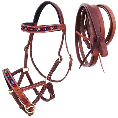 CHALLENGER Horse Western Leather Beaded Bitless Sidepull Bridle Reins 77RS21TN-F