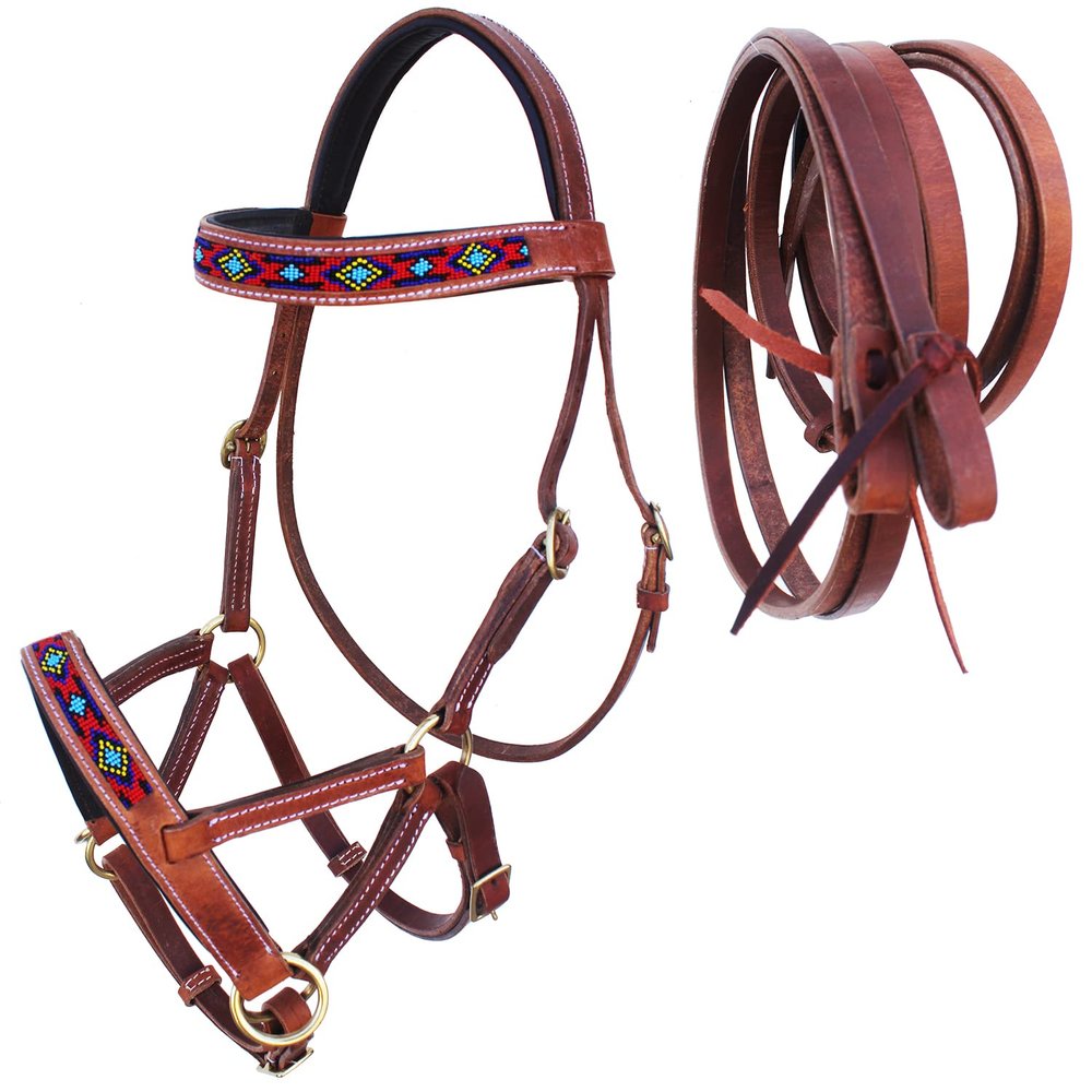 CHALLENGER Horse Western Leather Beaded Bitless Sidepull Bridle Reins 77RS21TN-F