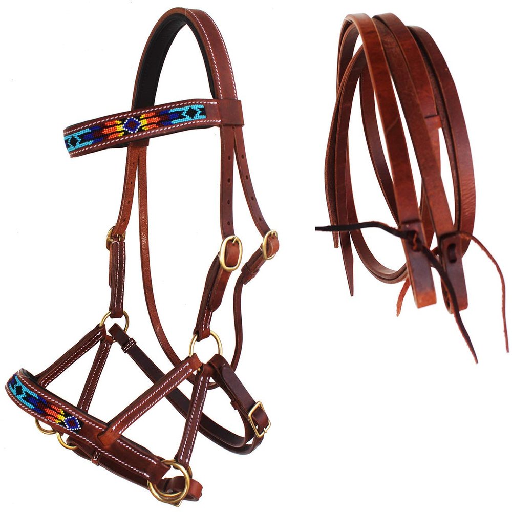 CHALLENGER Horse Western English Leather Beaded Bitless Sidepull Bridle Reins 77RS16TN-F