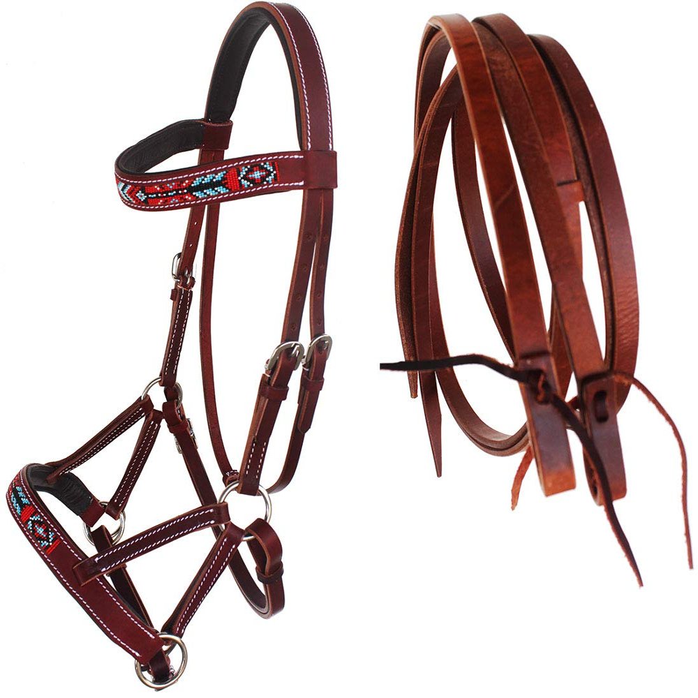 CHALLENGER Horse Western English Leather Beaded Bitless Sidepull Bridle Reins 77RS17MG-F