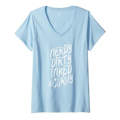 Womens Nerdy Dirty Inked & Curvy - Tattoo Woman Girl Nerd V-Neck T-Shirt