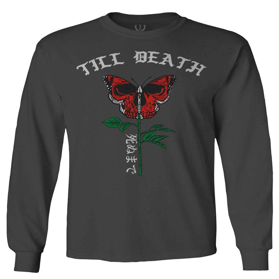 0321. Cool dope Graphic Till Death Red Rose Flower Skull PRIMITIVES Butterfly Men's Long Sleeve t Shirt (Characol, Small)
