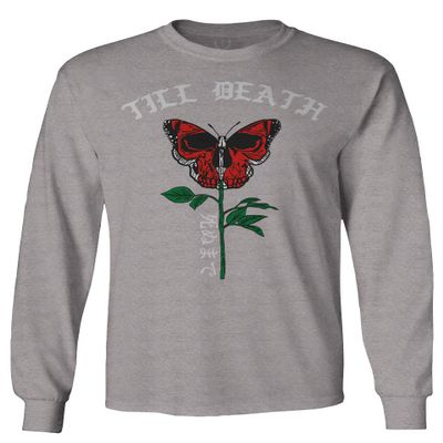0321. Cool dope Graphic Till Death Red Rose Flower Skull PRIMITIVES Butterfly Men's Long Sleeve t Shirt (Light Gray 2X Large)