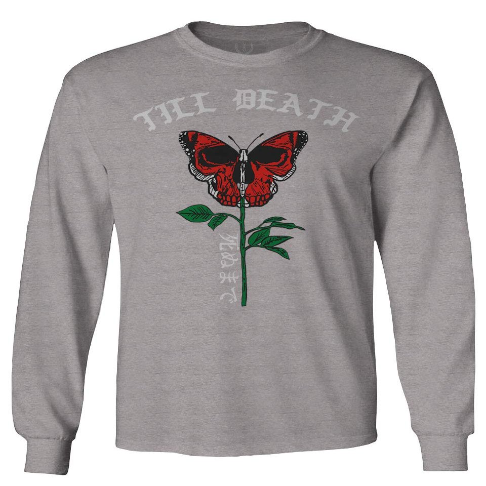 0321. Cool dope Graphic Till Death Red Rose Flower Skull PRIMITIVES Butterfly Men's Long Sleeve t Shirt (Light Gray 2X Large)