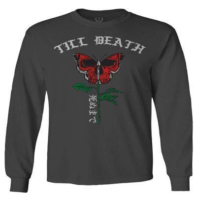 0321. Cool dope Graphic Till Death Red Rose Flower Skull PRIMITIVES Butterfly Men's Long Sleeve t Shirt (Characol, X-Large)