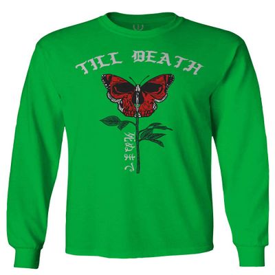 0321. Cool dope Graphic Till Death Red Rose Flower Skull PRIMITIVES Butterfly Men's Long Sleeve t Shirt (Irish Green X-Large)