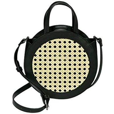 A New Day Round Crossbody Bag Purse Handbag Black Faux Leather & Woven Straw, 8" x 8"