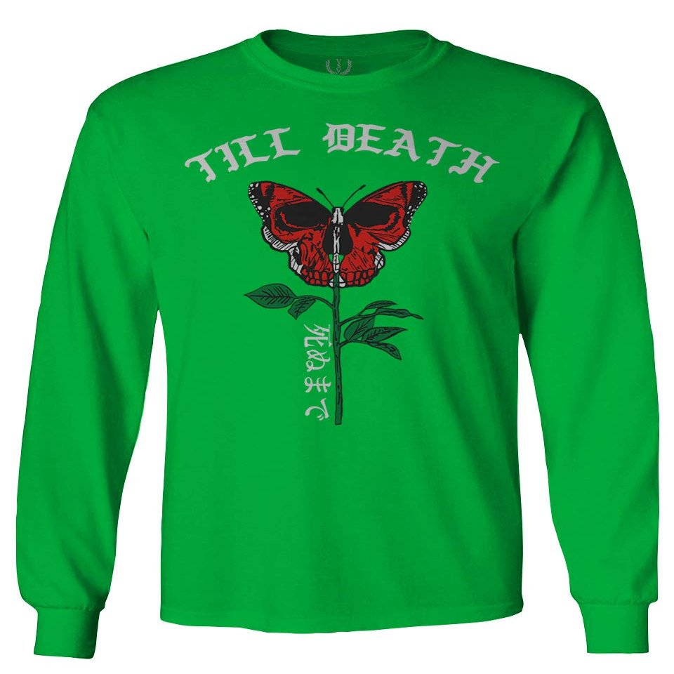 0321. Cool dope Graphic Till Death Red Rose Flower Skull PRIMITIVES Butterfly Men's Long Sleeve t Shirt (Irish Green 2X Large)