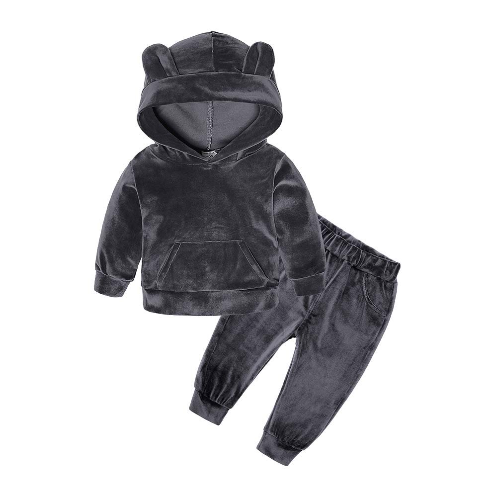 MYGBCPJS Boys Girls Cute 3D Ear Outfits Set Kids Hooded Fleece Pullover + Pants Gray