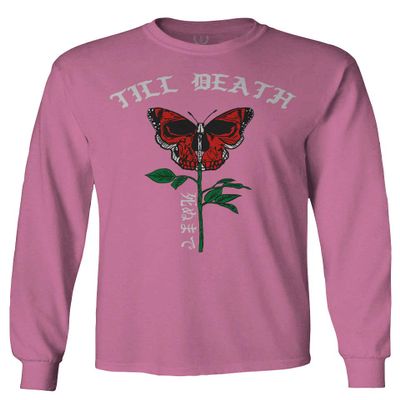 0321. Cool dope Graphic Till Death Red Rose Flower Skull PRIMITIVES Butterfly Men's Long Sleeve t Shirt (Pink X-Large)