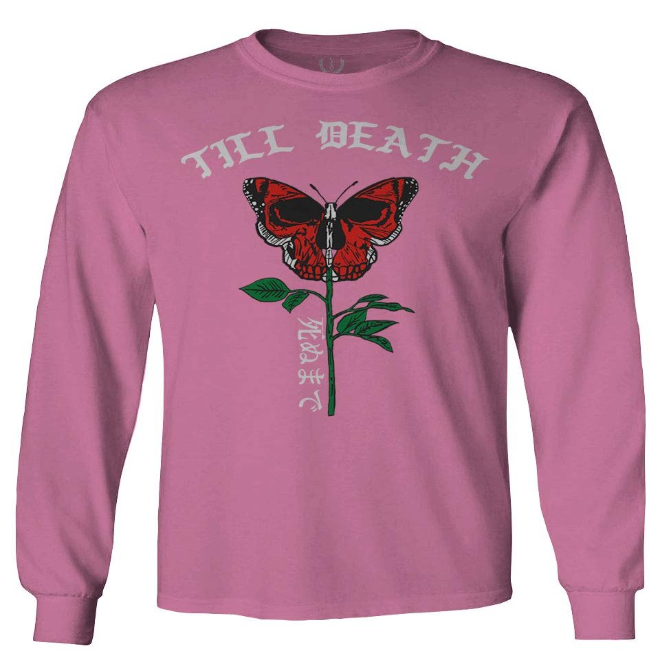 0321. Cool dope Graphic Till Death Red Rose Flower Skull PRIMITIVES Butterfly Men's Long Sleeve t Shirt (Pink X-Large)
