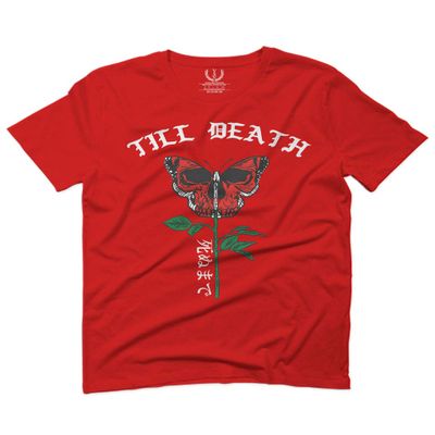 0321. Cool dope Graphic Till Death Red Rose Flower Skull PRIMITIVES Butterfly for Men T Shirt (Red, 2X-Large)