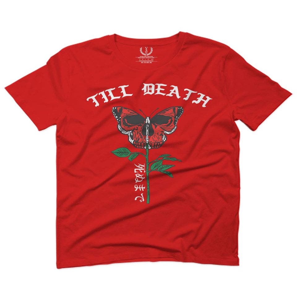 0321. Cool dope Graphic Till Death Red Rose Flower Skull PRIMITIVES Butterfly for Men T Shirt (Red, 2X-Large)