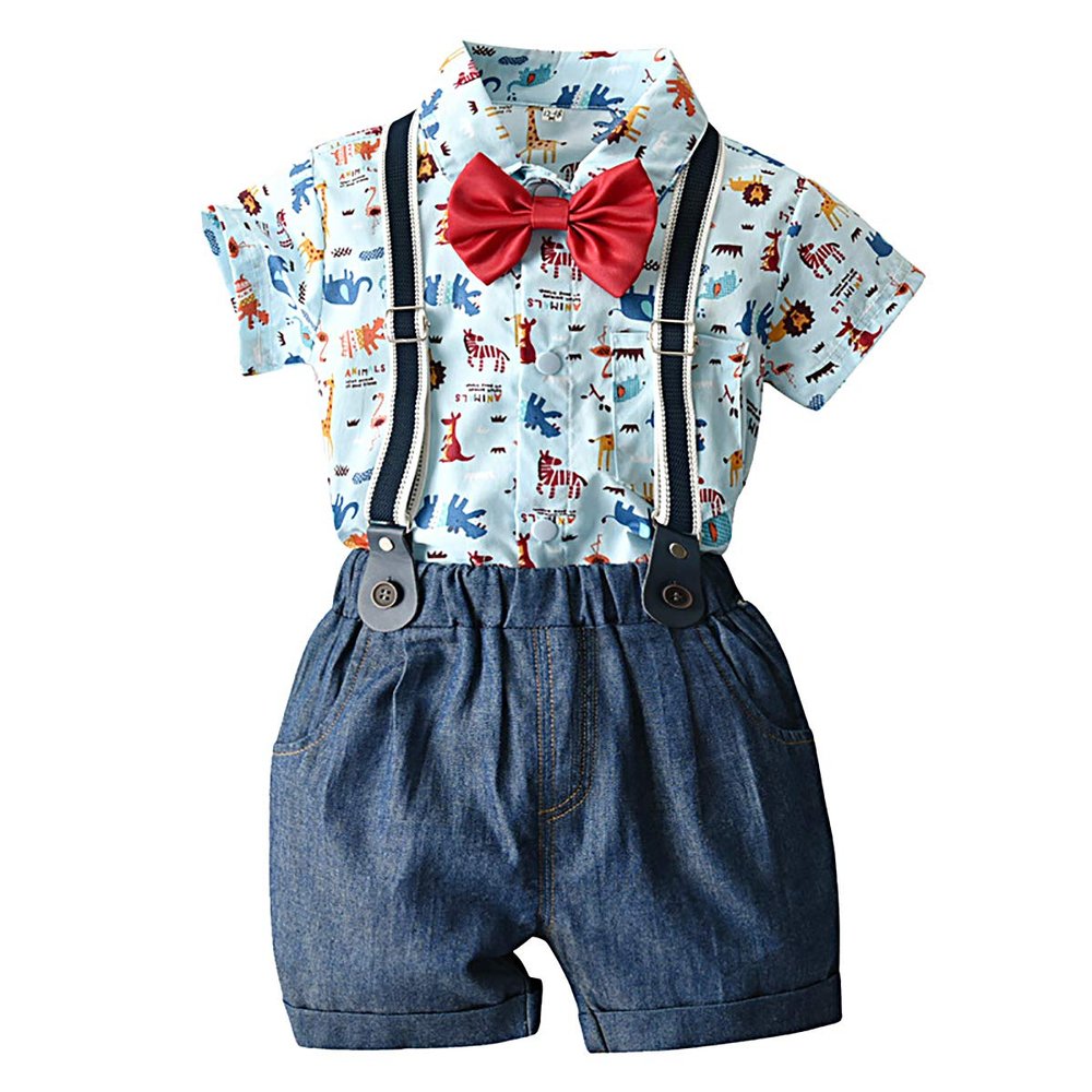 FEESHOW Toddler Infant Boys Gentleman Romper Cartoon Print Bow Short Sleeve Shirt with Suspender Shorts for Summer Daily Wear Blue 9-12 Months
