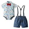 FEESHOW Toddler Infant Boys Gentleman Romper Cartoon Print Bow Short Sleeve Shirt with Suspender Shorts for Summer Daily Wear Blue 9-12 Months view 3