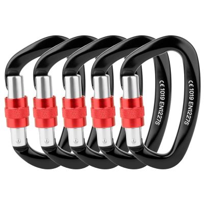 Locking Carabiner - 25kN 5600lb Climbing Carabiner Screw Gate D Shape Carabiner Black (Pack of 2)