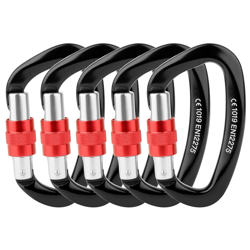 Locking Carabiner - 25kN 5600lb Climbing Carabiner Screw Gate D Shape Carabiner Black (Pack of 2)