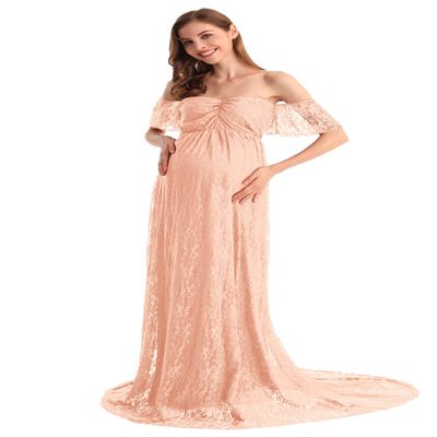 AYMENII Women Off Shoulder Ruffle Sleeve Lace Sweetheart Maternity Maxi Gown Photo Shoot Wedding Evening Baby Shower Dress Pink XXL