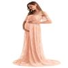 AYMENII Women Off Shoulder Ruffle Sleeve Lace Sweetheart Maternity Maxi Gown Photo Shoot Wedding Evening Baby Shower Dress Pink XXL view 4