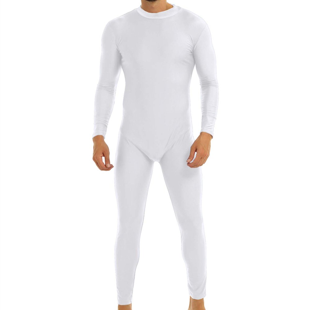 TSSOE Men's Turtleneck Spandex Long Sleeve Unitard Bodysuit Dancewear Cosplay Costume White X-Large
