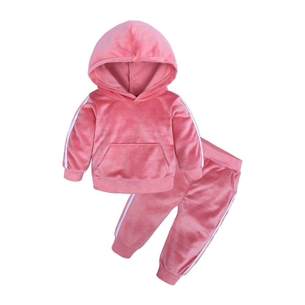MYGBCPJS Little Girls 2Pcs Hooded Outfits Set Velvet Sweatshirt Pants Tracksuits Pink