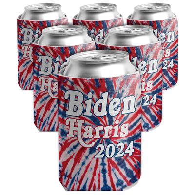 Biden Harris 2024 Can Cooler Set, Red, White and Blue Tie Dye, Set of (12)