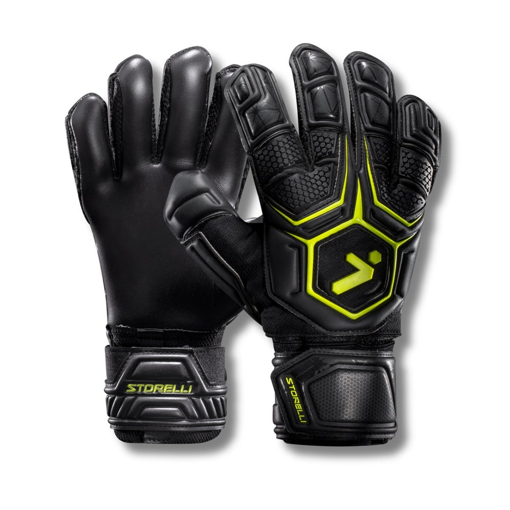 Storelli Gladiator Pro 3.0 Goalkeeper Gloves, Breathable High-Impact Hand Protection with 5 Removable Finger Spines, Premium Hand Grip for Soccer Goalies, 1 Pair, Black & Yellow, Size 8