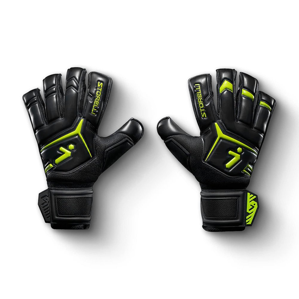 Storelli Gladiator Elite 3.0 Goalkeeper Gloves, Breathable High-Impact Hand Protection with 5 Removable Finger Spines, Premium Hand Grip for Soccer Goalies, 1 Pair, Black & Yellow, Size 10