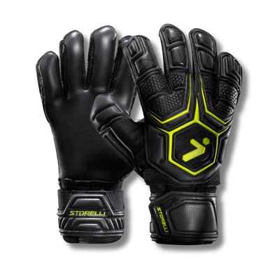 Storelli Gladiator Pro 3.0 Goalkeeper Gloves, Breathable High-Impact Hand Protection with 5 Removable Finger Spines, Premium Hand Grip for Soccer Goalies, 1 Pair, Black & Yellow, Size 7