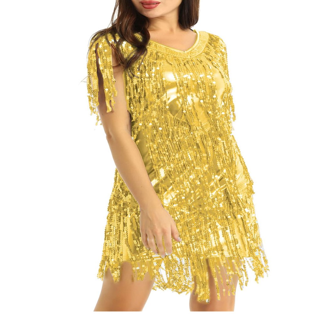TSSOE Womens V Neck Sequins Tassel Latin Dance Dress 1920s Fringe Flapper Costume Gold X-Large