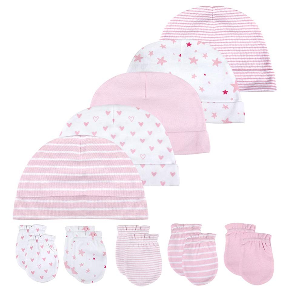 Chamie Newborn Baby Soft Cotton Organic Cap and Mitten Set Sunny Hats for Hospital Baby Boy and Girl(0-6 Months)