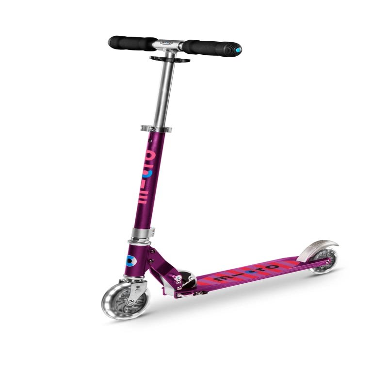 Micro Kickboard- Sprite LED - 2 Wheeled Kick Scooter Ages 6+, fold-to-Carry, Lightweight, Portable Scooter with Motion-Activated Light-up Wheels (Purple Stripe)