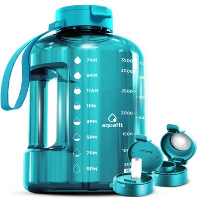 AQUAFIT 1 Gallon Water Bottle with Time Marker - Straw & Chug Lid - BPA Free Gym Water Bottle with Straw - Big Gallon Jug (Aqua, 128 oz - 2 Lids)
